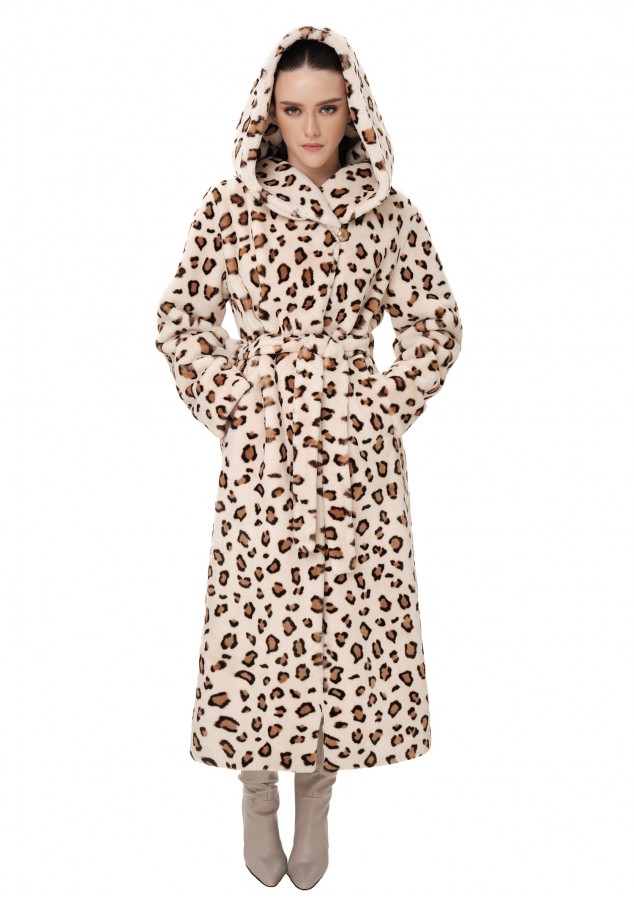 Пальто с капюшоном из экомеха Леопард