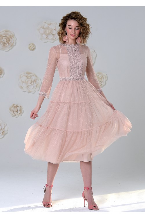 Платье Анжелика 2 из нежного фатина в мелкую точку розовое