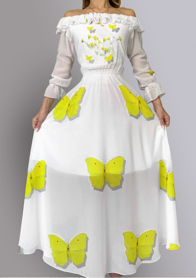 Платье Азалия (Желтые бабочки) из вискозы со «спущенными плечами»