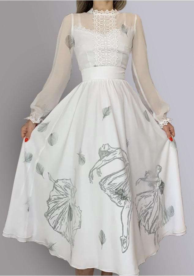 Платье Фуэте (Балерины) белое/голубое из нежнейшего шелкового шифона и вискозы