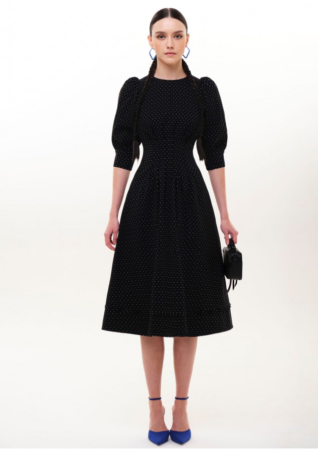 Платье Гретта из жаккарда чёрное с принтом галочки