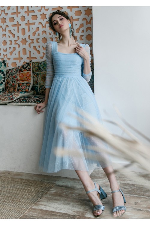 Платье Лавиния из воздушного тонкого тюль-фатина небесное