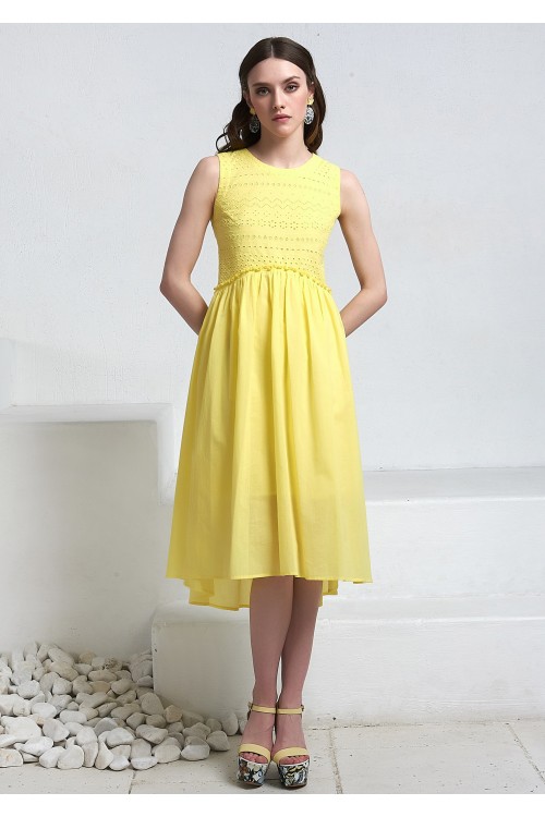 Платье Лето из хлопка-шитья и вуали ярко-жёлтое