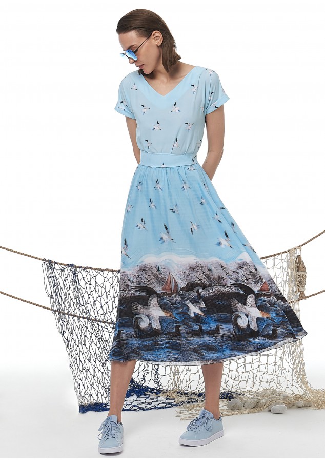 Платье Машенька (Море) комбинированное из вискозы и нежной органзы