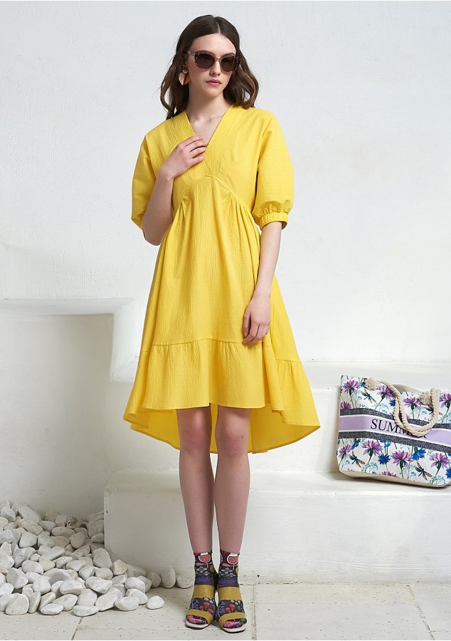 Платье Ника из рами (крапива) с креш-эффектом ярко-жёлтое 