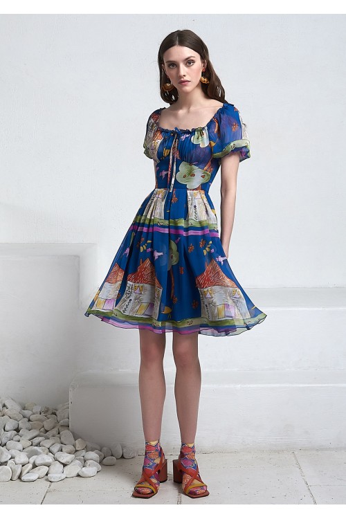 Платье Полина  2 "Домики" из тонкого шифона