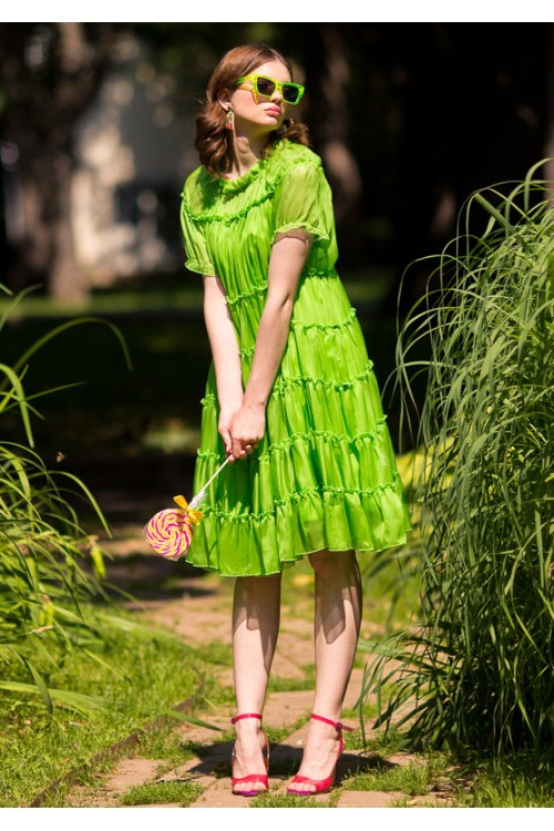 Платье Весна из нежнейшего шёлка салатовое / фуксия