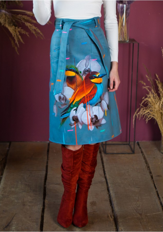 Юбка Теми (Две птицы в цветах) из тёплой ткани - вискоза и шерсть