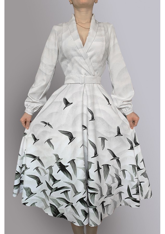 Платье Хела 2 (Птицы) из вискозы с длинным рукавом